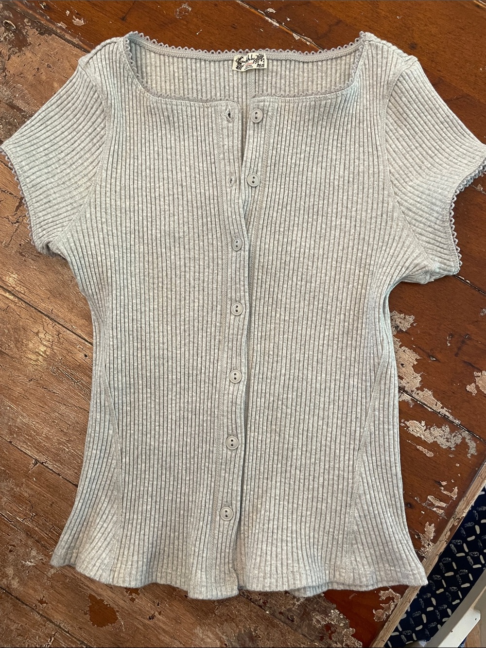 Free People Heather Gray Ribbed Button-Front Short Sleeve Top